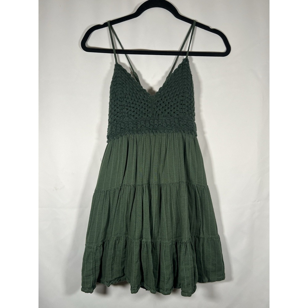Forest Green Crochet Top Cross Strap Mini Sundress Cotton Tier Skirt Size S Boho